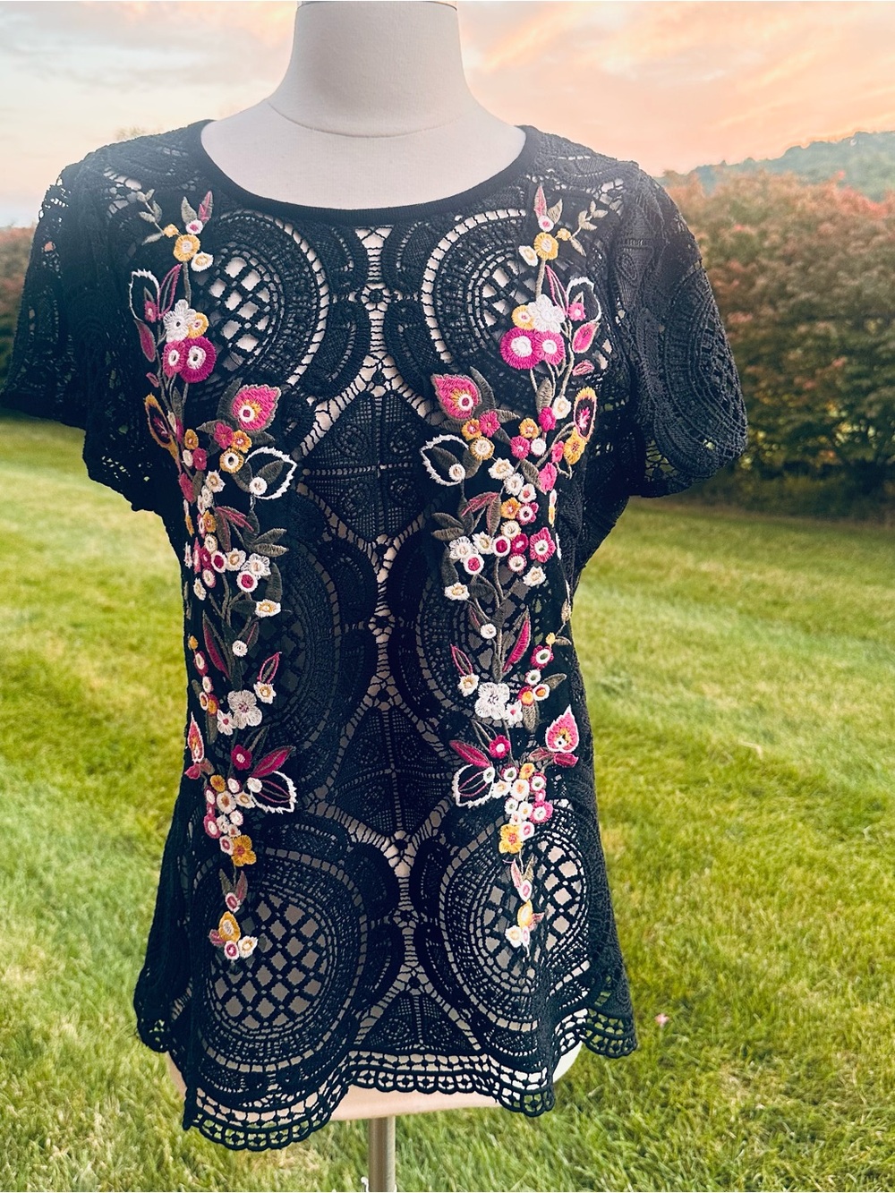 INC Embroidered Black Lace Short Sleeve Top - Floral Detail